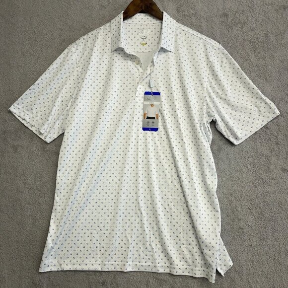 NEW Greg Norman ML75 Men's L Golf Polo Shirt White/Blue Circle Print - Picture 2 of 9